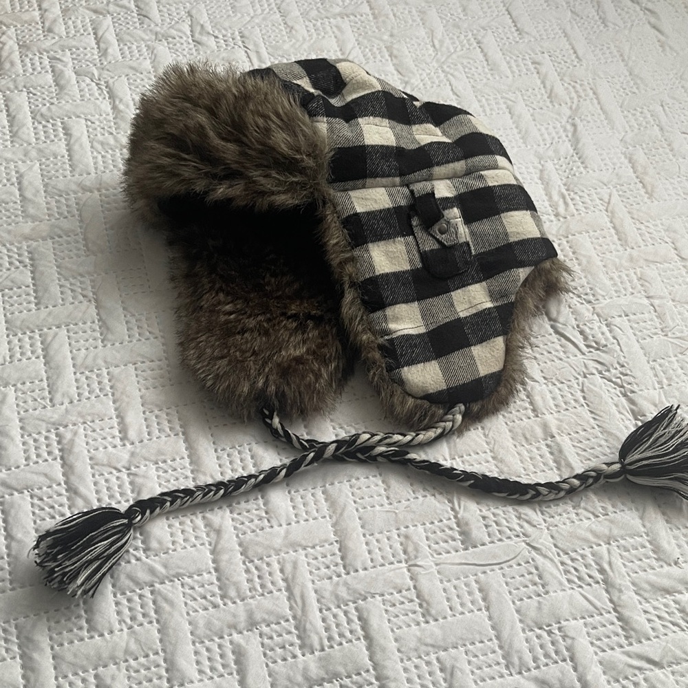 American Outfitters Black & Cream Plaid Faux-Fur Trapper Hat